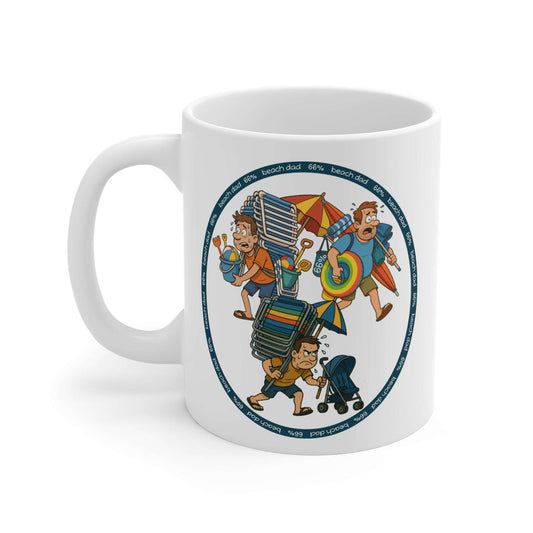 White 66% Beach Dad mug showcasing three overburdened cartoon dads hauling beach chairs, umbrellas, buckets and rings—a fun gift for fathers.