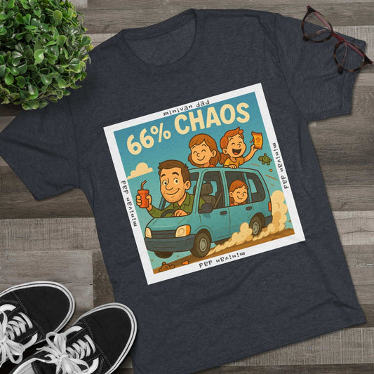 Cartoon dad driving minivan with three excited kids and snacks flying, “66% Chaos” design on dark heather tee – 66 Percent parenting apparel