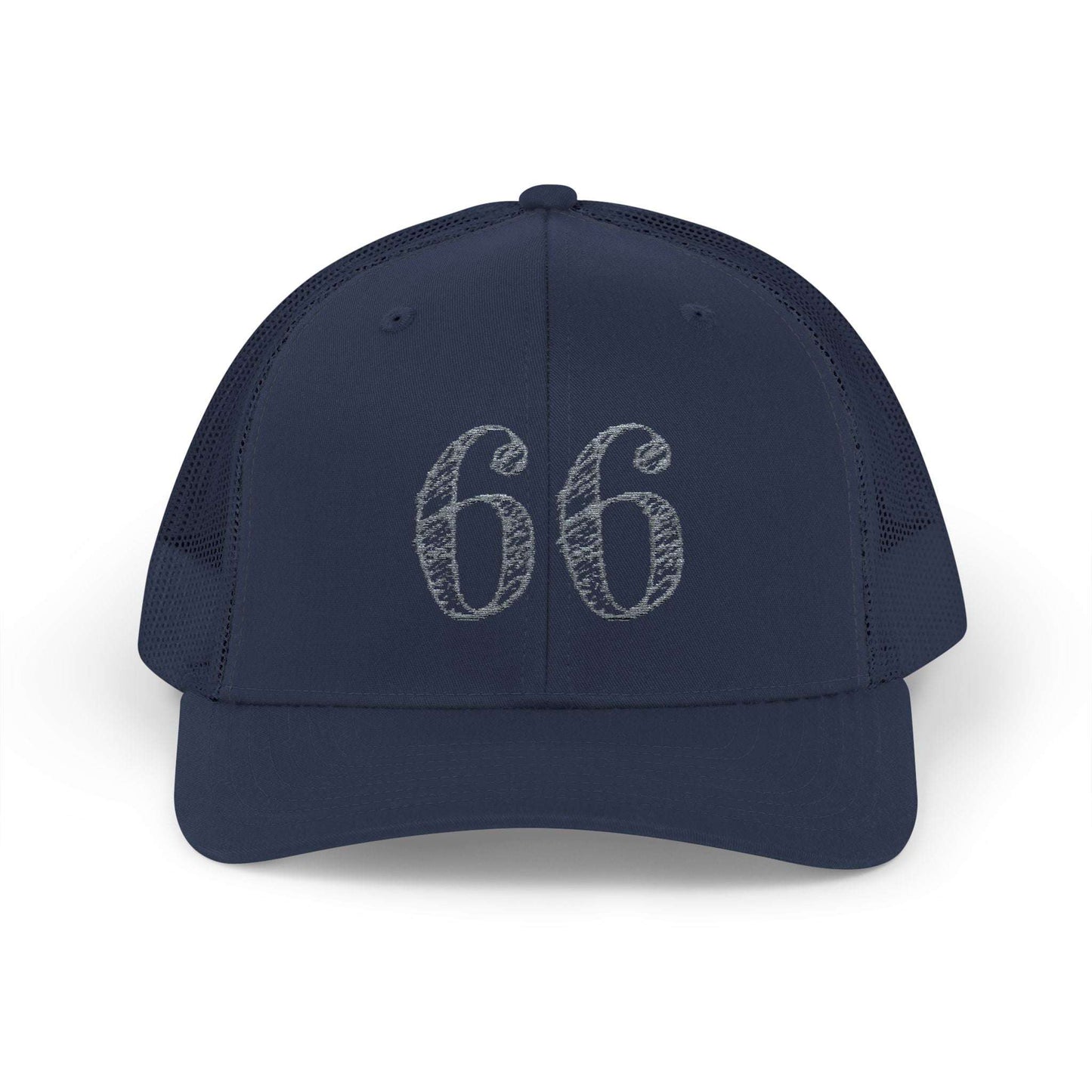 Mesh-back trucker hat with distressed ‘66’ printed on the front panel
