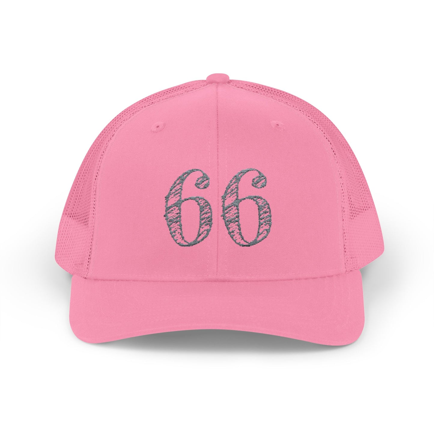 Mesh-back trucker hat with distressed ‘66’ printed on the front panel