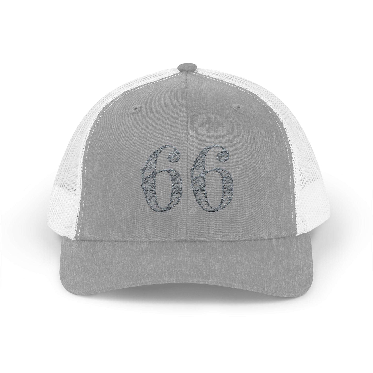 Mesh-back trucker hat with distressed ‘66’ printed on the front panel