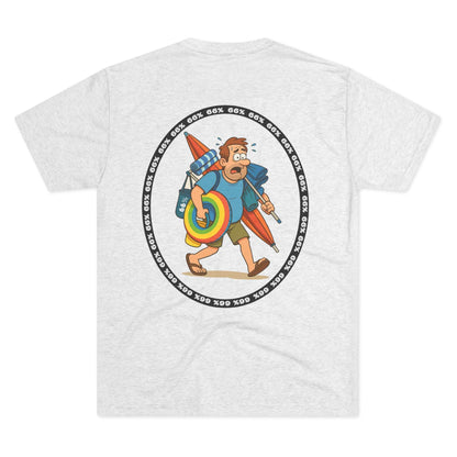 Retro 66% Charged Beach Dad Tri-Blend Tee (back view), featuring a humorous cartoon dad carrying beach gear enclosed in a bold circular ‘66%’ frame