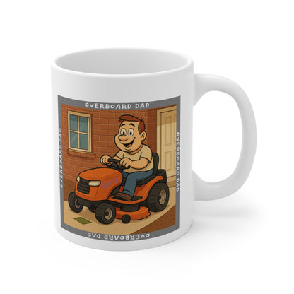 Graphic mug depicting a happy dad mowing the lawn on a ride-on tractor beside a brick wall and front door, encircled by the phrase ‘Overboard Dad’ in a repeating border.