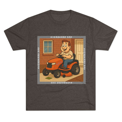 Overboard Dad Mower 66% Tri-Blend Tee — graphic tee, flat-lay with cartoon dad on ride-on mower, gray ‘OVERBOARD DAD’ square border, 66% decal, casual vintage style.