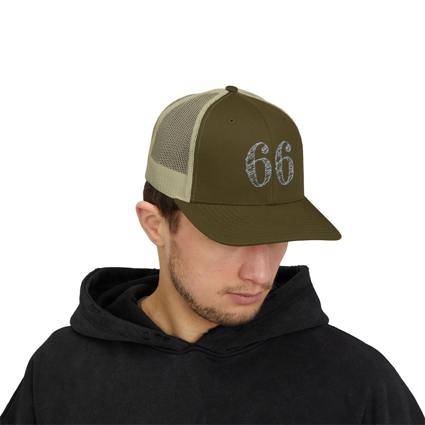 Mesh-back trucker hat with distressed ‘66’ printed on the front panel
