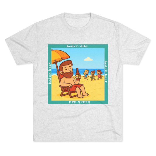 Beach Dad drinking beer on the sand with kids playing – 66% Tri-Blend Tee