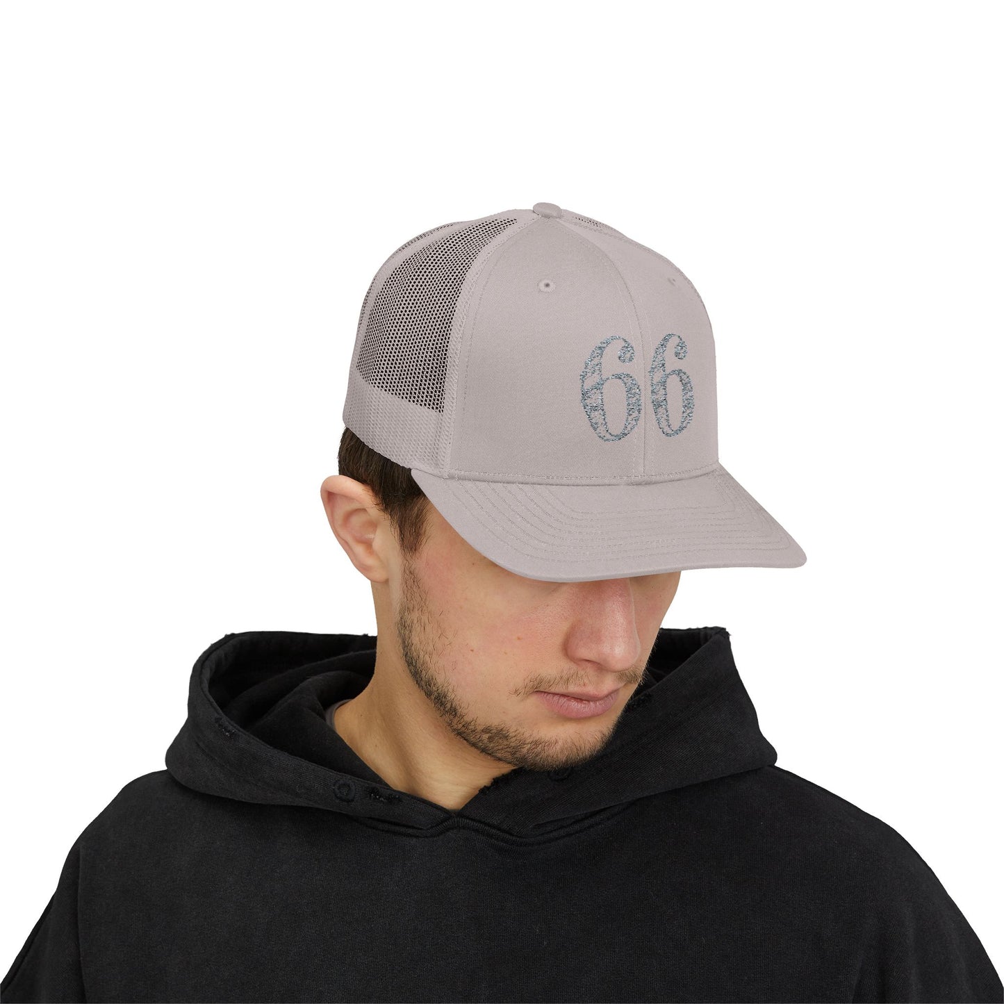 Mesh-back trucker hat with distressed ‘66’ printed on the front panel