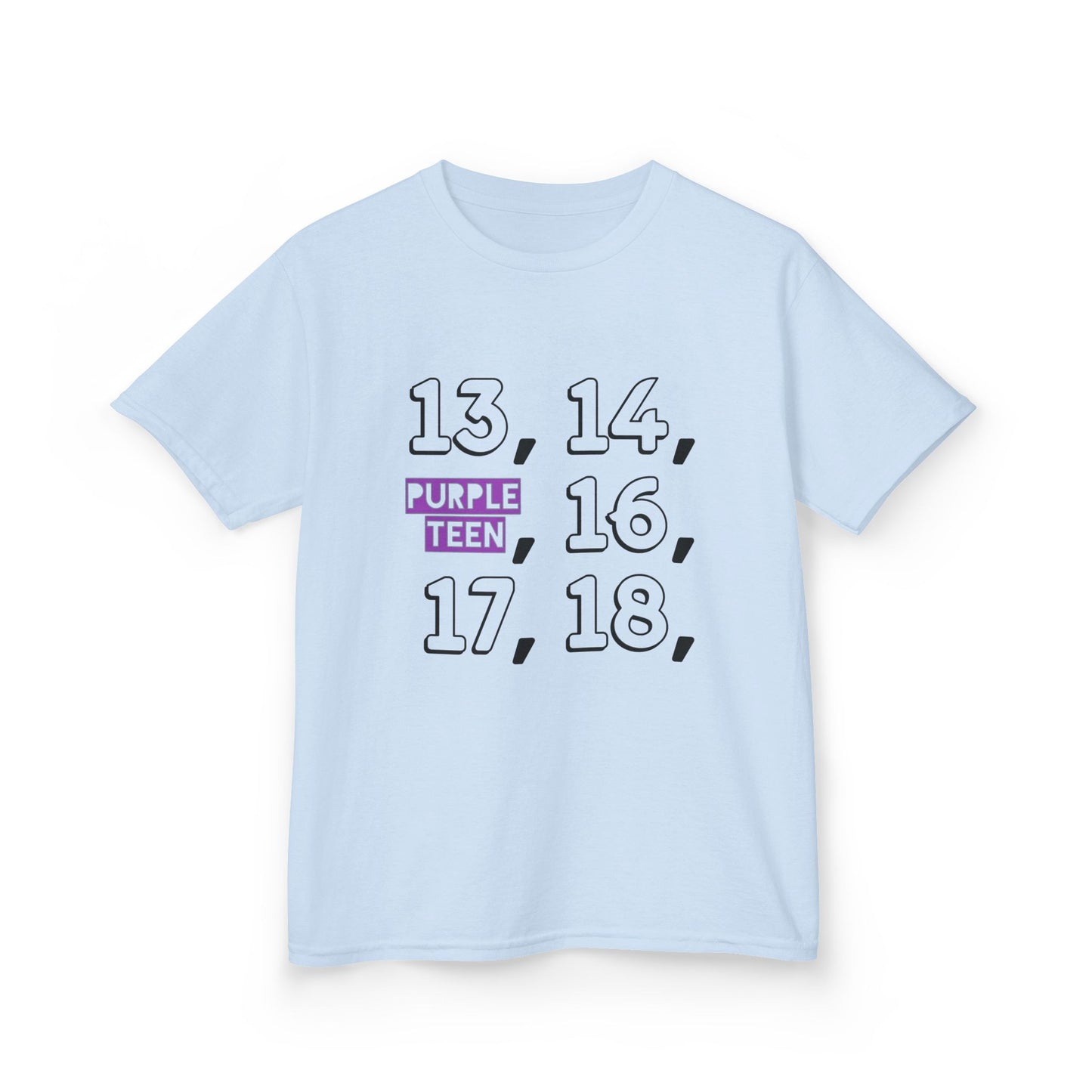 Light blue t-shirt with black text on a white background