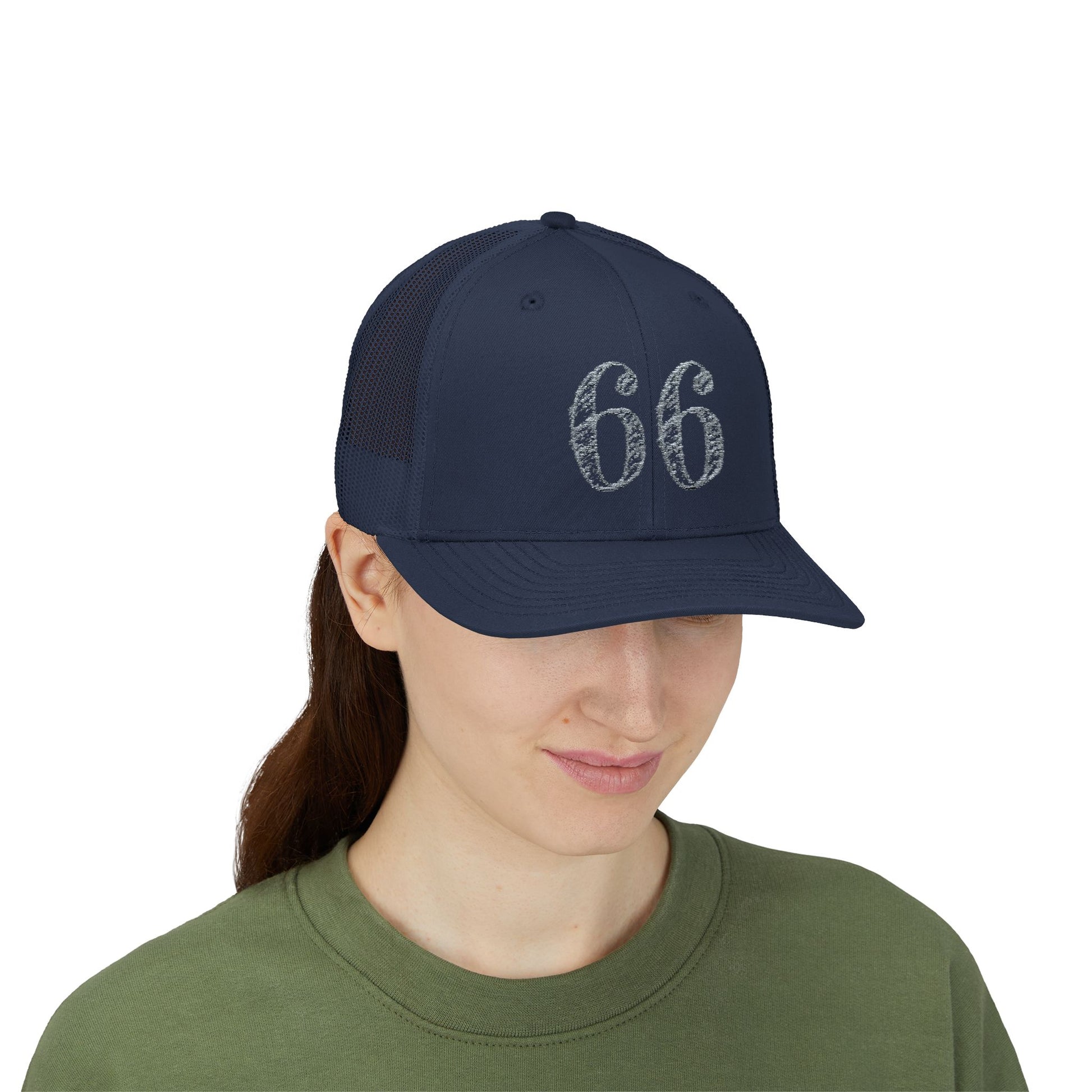 Mesh-back trucker hat with distressed ‘66’ printed on the front panel