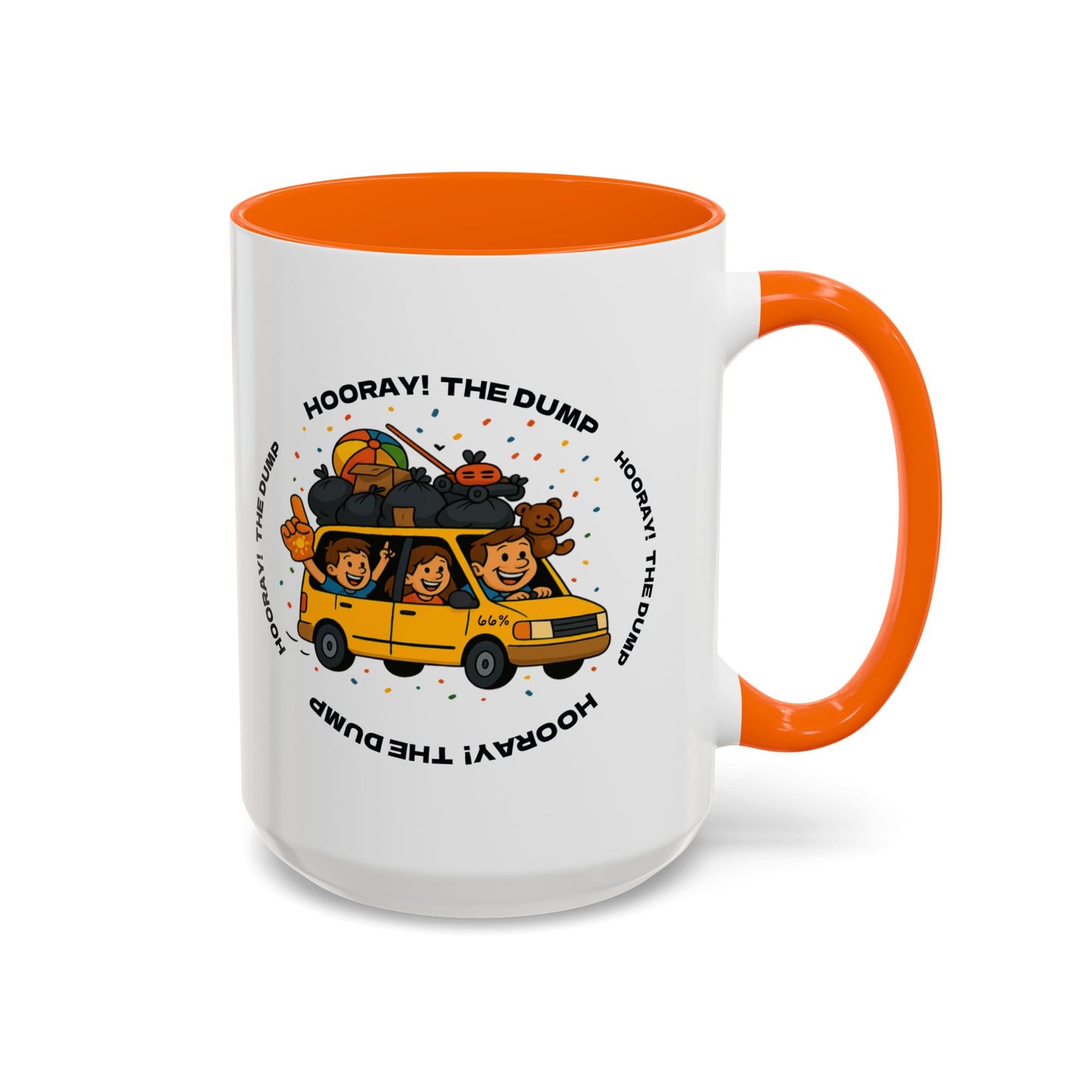 Cartoon yellow “66%” minivan mug decal with roof piled high in trash bags, lawnmower and beach ball, plus a smiling dad and two waving daughters amid confetti.