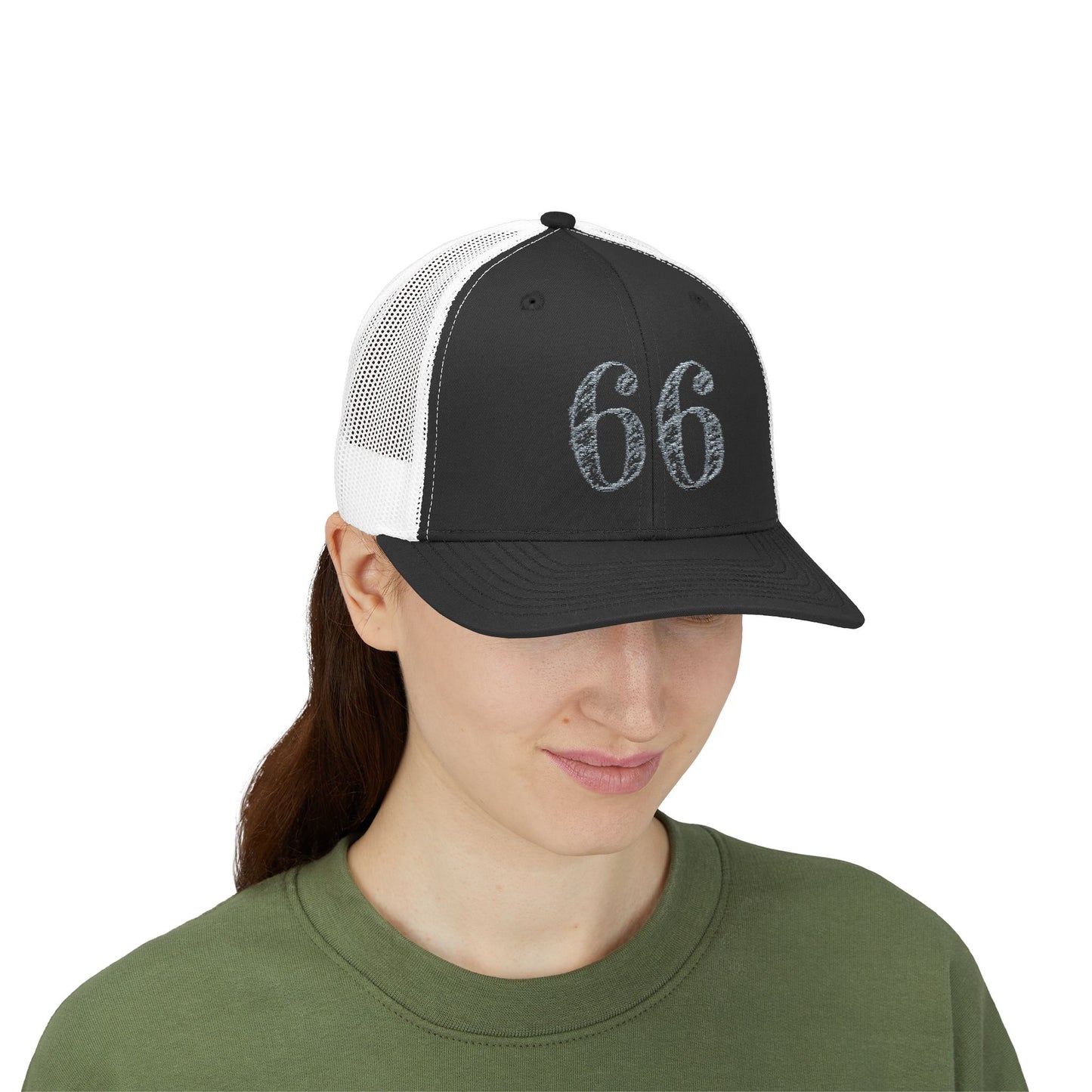 Mesh-back trucker hat with distressed ‘66’ printed on the front panel