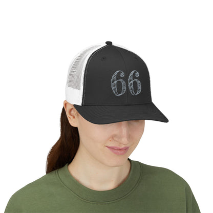 Mesh-back trucker hat with distressed ‘66’ printed on the front panel