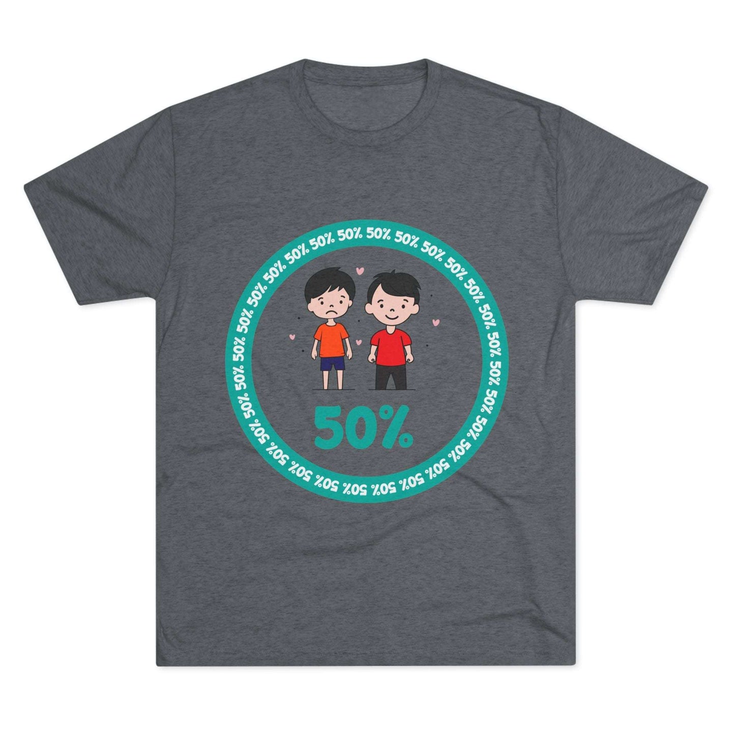 Original Boy Boy 50% Tri-Blend Tee — graphic t-shirt flat-lay, cartoon siblings inside teal 50% circle, repeating 50% pattern, bold 50% text, casual unisex style.