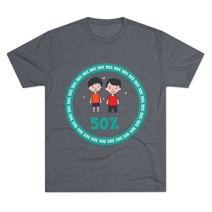 Original Boy Boy 50% Tri-Blend Tee — graphic t-shirt flat-lay, cartoon siblings inside teal 50% circle, repeating 50% pattern, bold 50% text, casual unisex style.