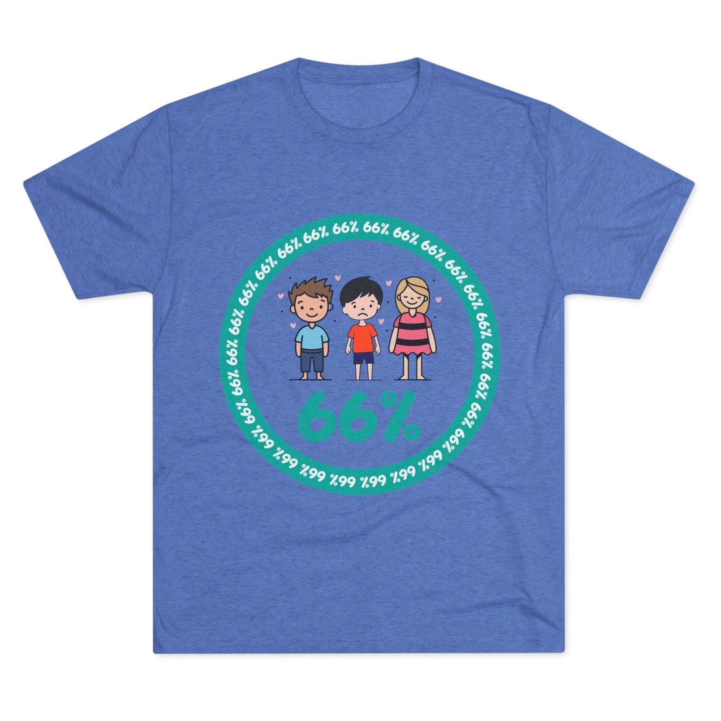 Flat-lay of tri-blend tee with two cartoon boys and one girl inside a teal 66% circle and repeating 66% border