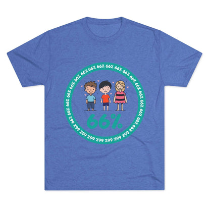 Flat-lay of tri-blend tee with two cartoon boys and one girl inside a teal 66% circle and repeating 66% border