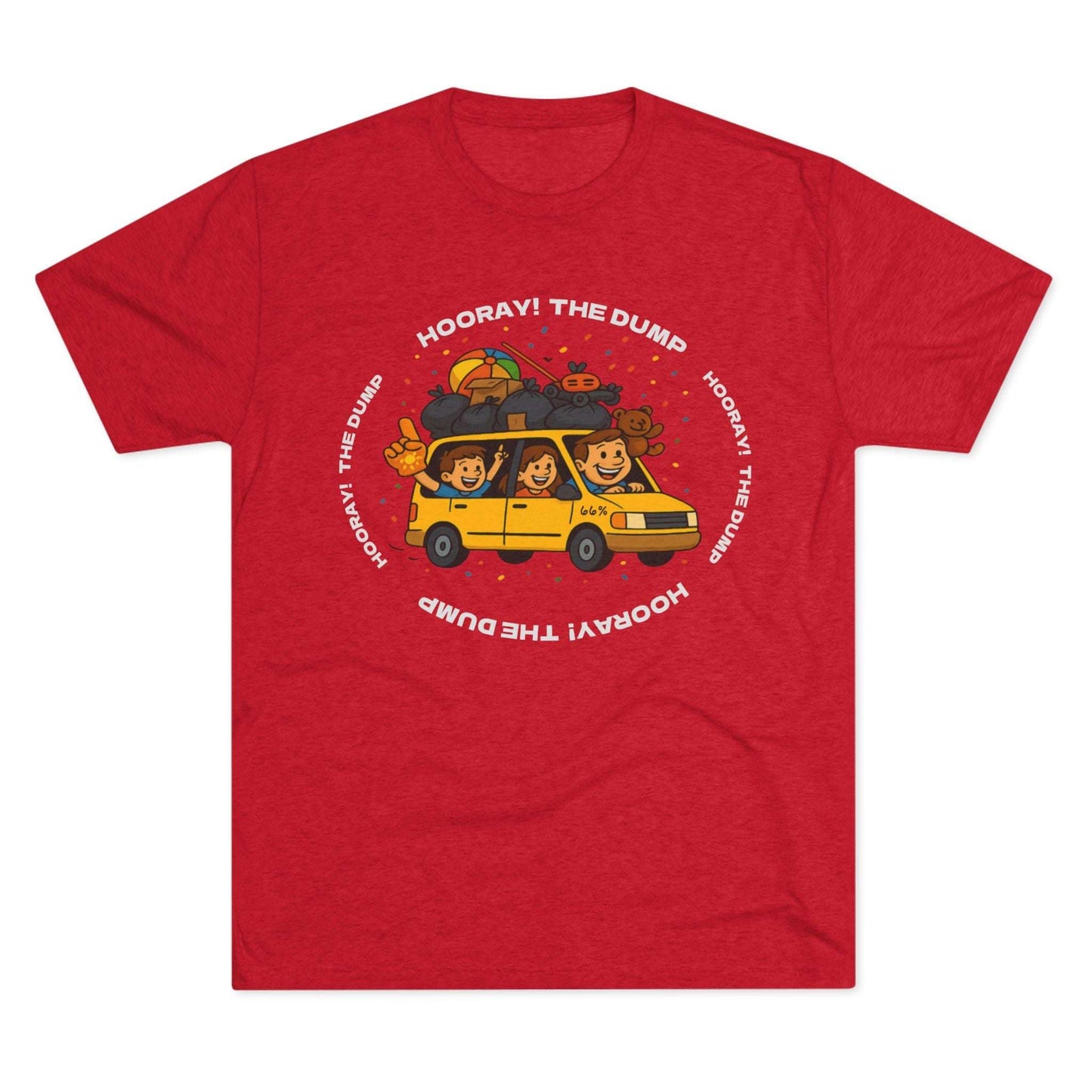 Cartoon yellow “66%” minivan T-shirt design with roof piled high in trash bags, lawnmower and beach ball, plus a dad driving and two excited kids waving with confetti.