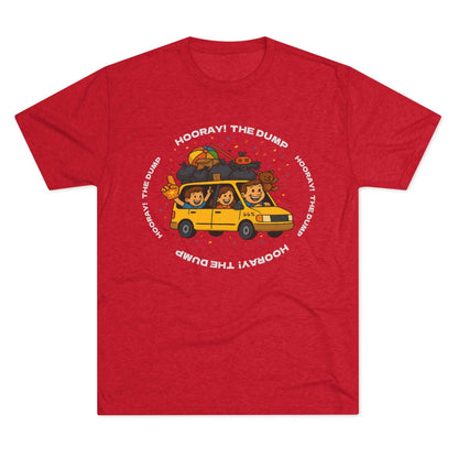 Cartoon yellow “66%” minivan T-shirt design with roof piled high in trash bags, lawnmower and beach ball, plus a dad driving and two excited kids waving with confetti.
