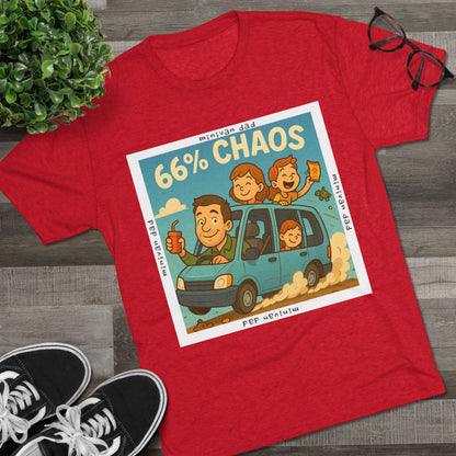 Cartoon dad driving minivan with three excited kids and snacks flying, “66% Chaos” design on dark heather tee – 66 Percent parenting apparel