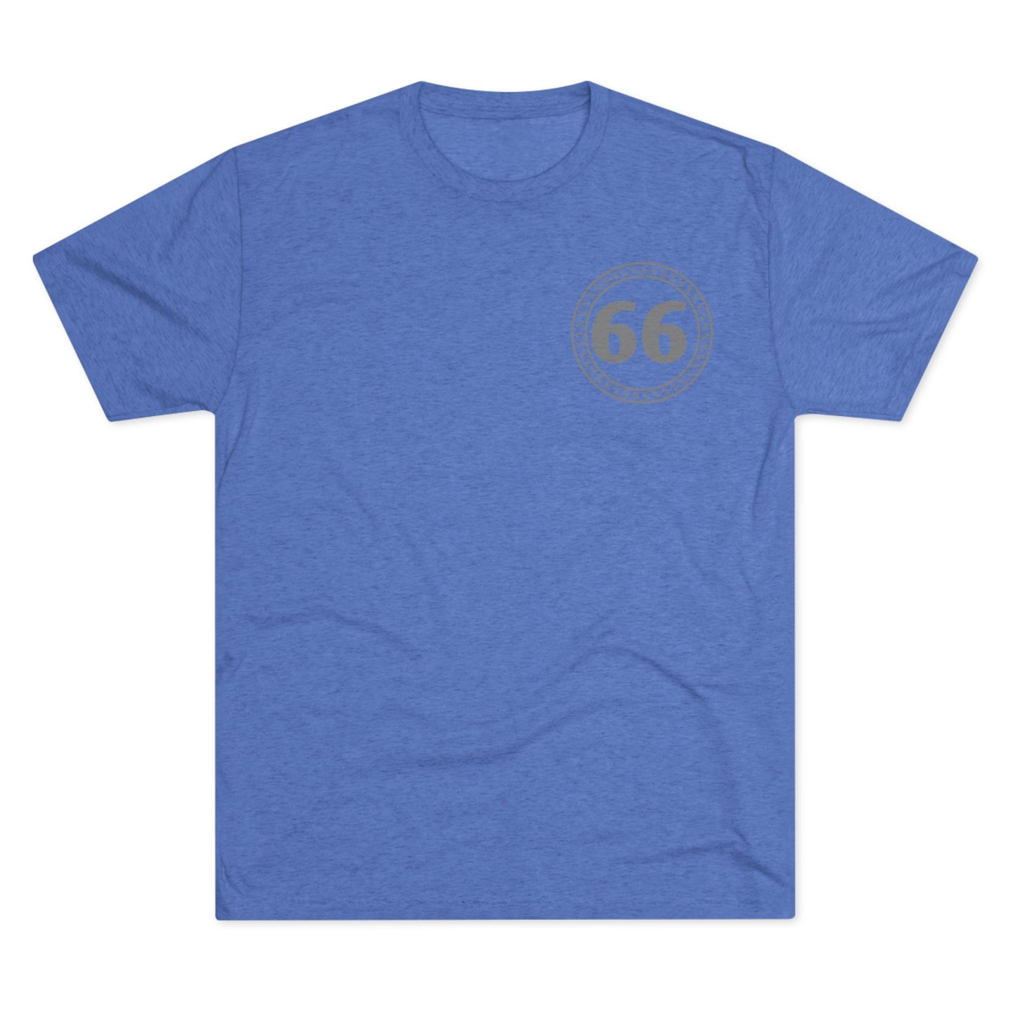 Retro 66% Tri-Blend Tee — flat-lay graphic t-shirt with circular 66 logo, heather blend, casual unisex style