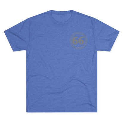 Retro 66% Tri-Blend Tee — flat-lay graphic t-shirt with circular 66 logo, heather blend, casual unisex style