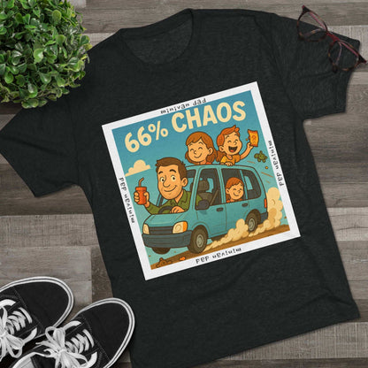 Cartoon dad driving minivan with three excited kids and snacks flying, “66% Chaos” design on dark heather tee – 66 Percent parenting apparel