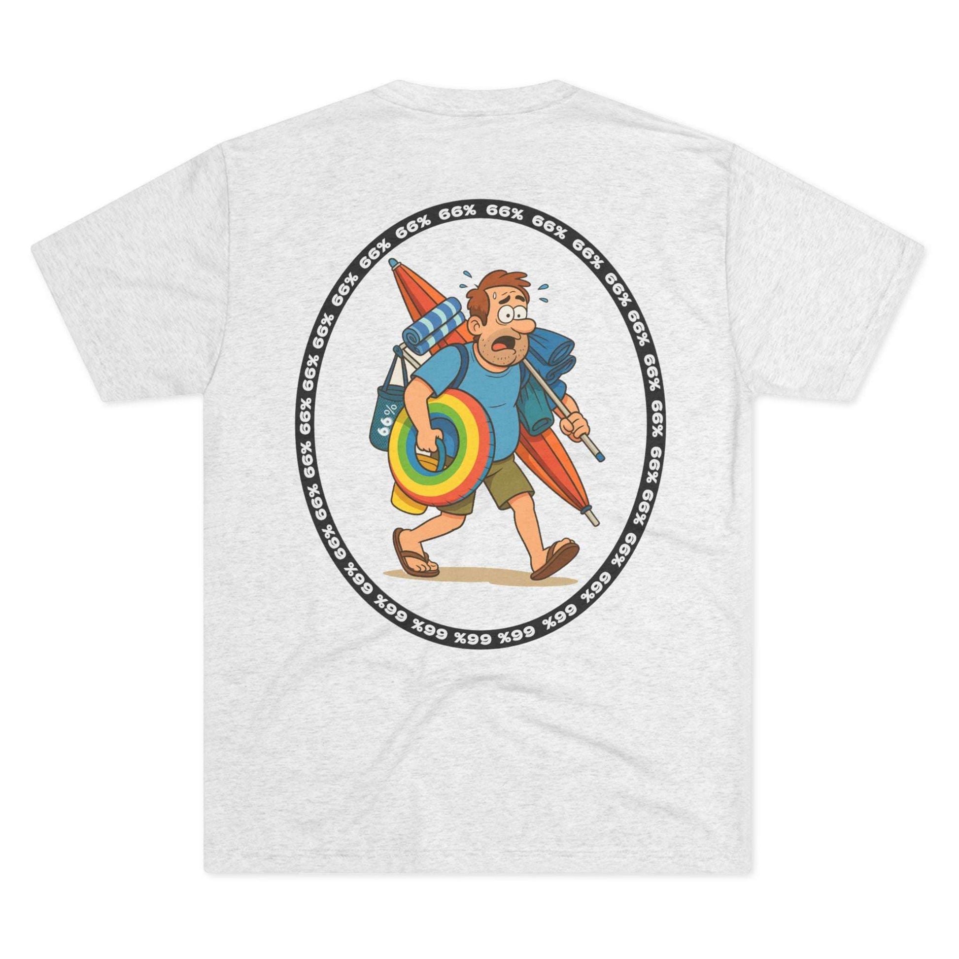 Tri-blend tee featuring large central circular graphic of overwhelmed ‘Beach Dad’ loaded down with chairs, umbrella, floatie and towels, with ‘66% beach dad’ ring