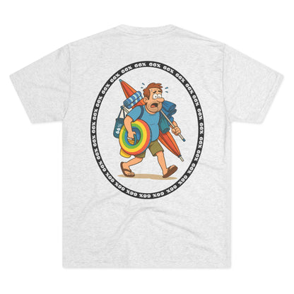 Tri-blend tee featuring large central circular graphic of overwhelmed ‘Beach Dad’ loaded down with chairs, umbrella, floatie and towels, with ‘66% beach dad’ ring