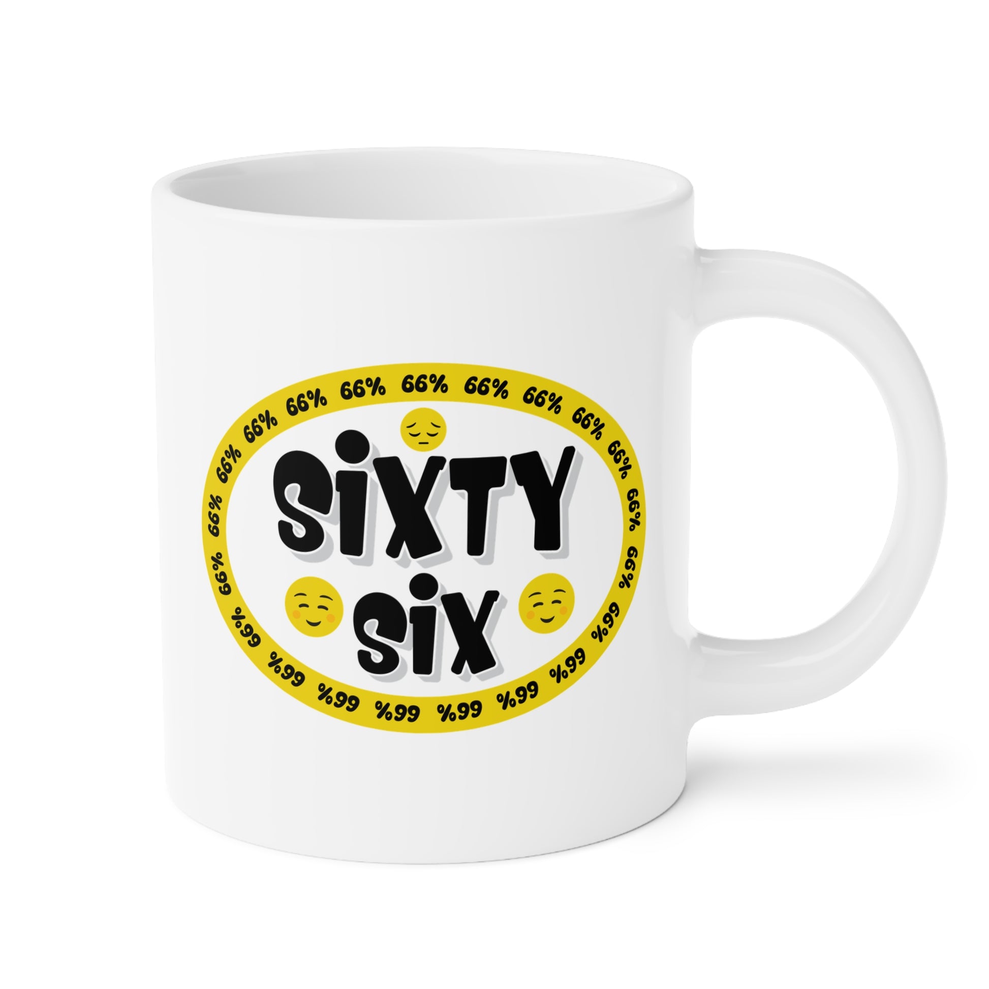 Graphic mug showing ‘Sixty Six’ in bold black type surrounded by a yellow border of small ‘66%’ repeats, with 2 cheerful emoji faces and 1 sad face.
