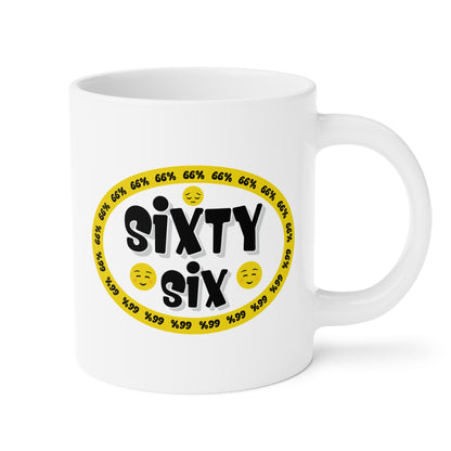 Graphic mug showing ‘Sixty Six’ in bold black type surrounded by a yellow border of small ‘66%’ repeats, with 2 cheerful emoji faces and 1 sad face.