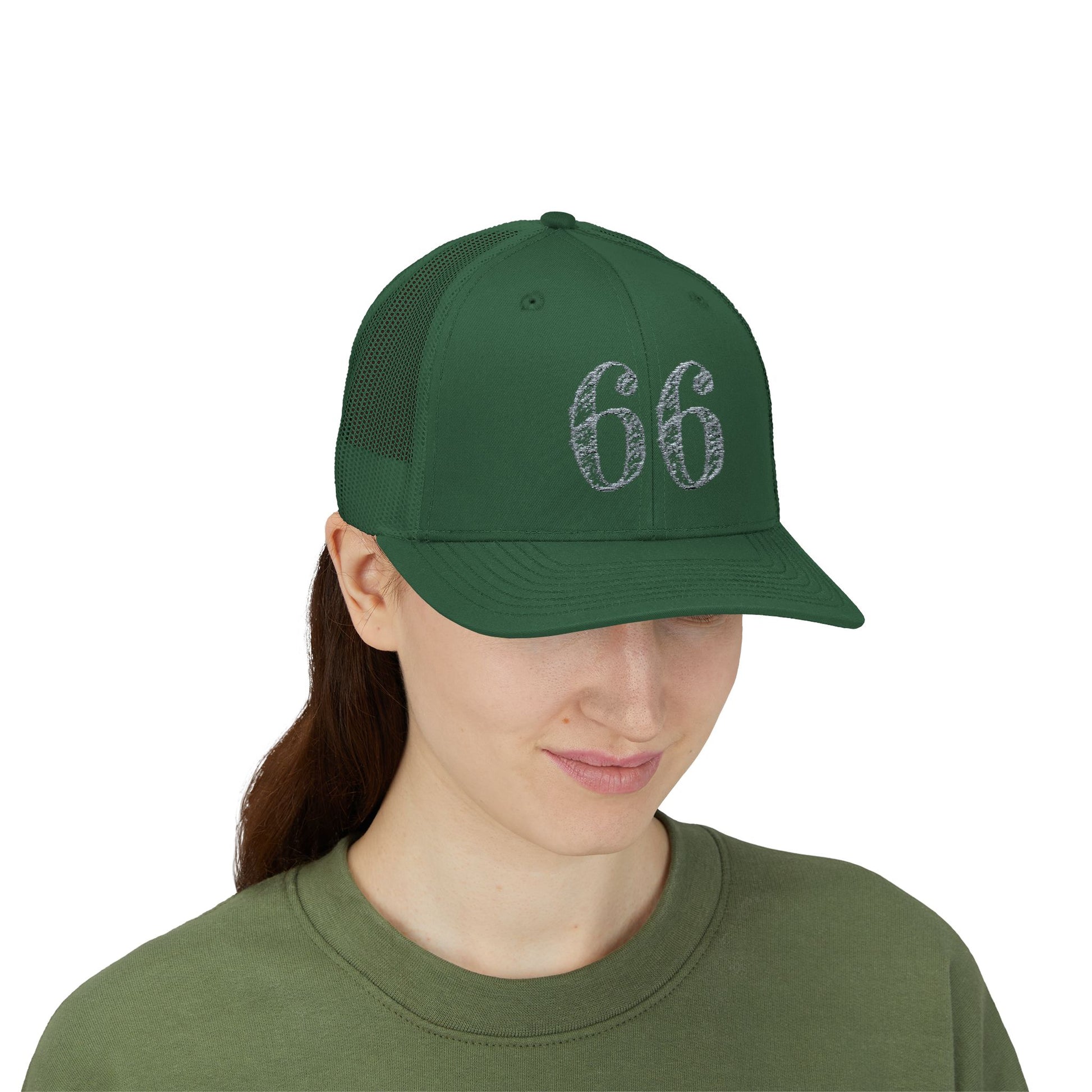 Mesh-back trucker hat with distressed ‘66’ printed on the front panel