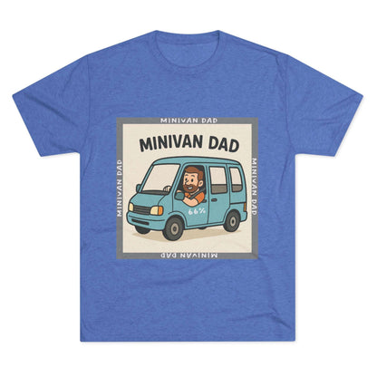 Minivan Dad 66% Tri-Blend Tee — graphic tee flat-lay, cartoon dad driving blue minivan, ‘66%’ decal, gray ‘MINIVAN DAD’ square border, casual unisex style.