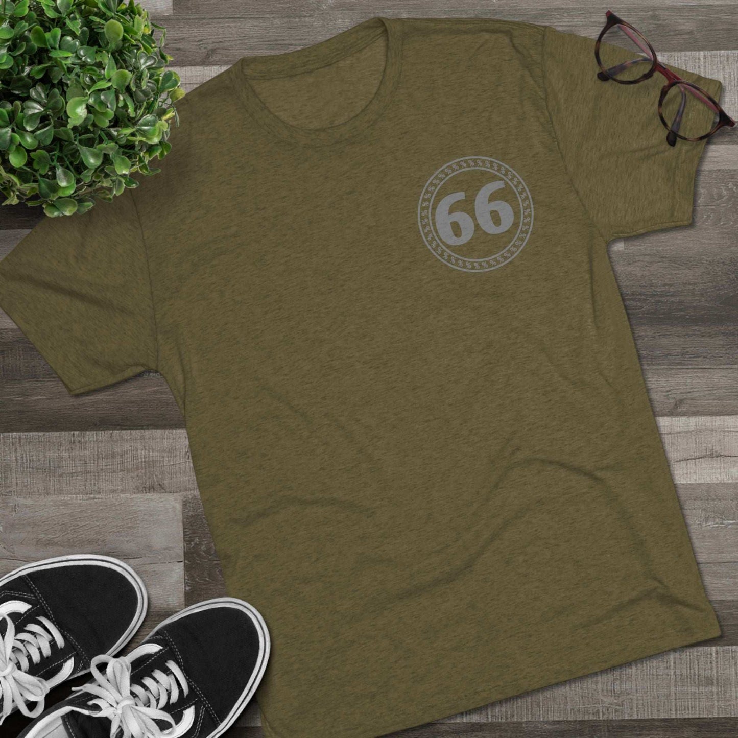 Retro 66% Tri-Blend Tee — flat-lay graphic t-shirt with circular 66 logo, heather blend, casual unisex style