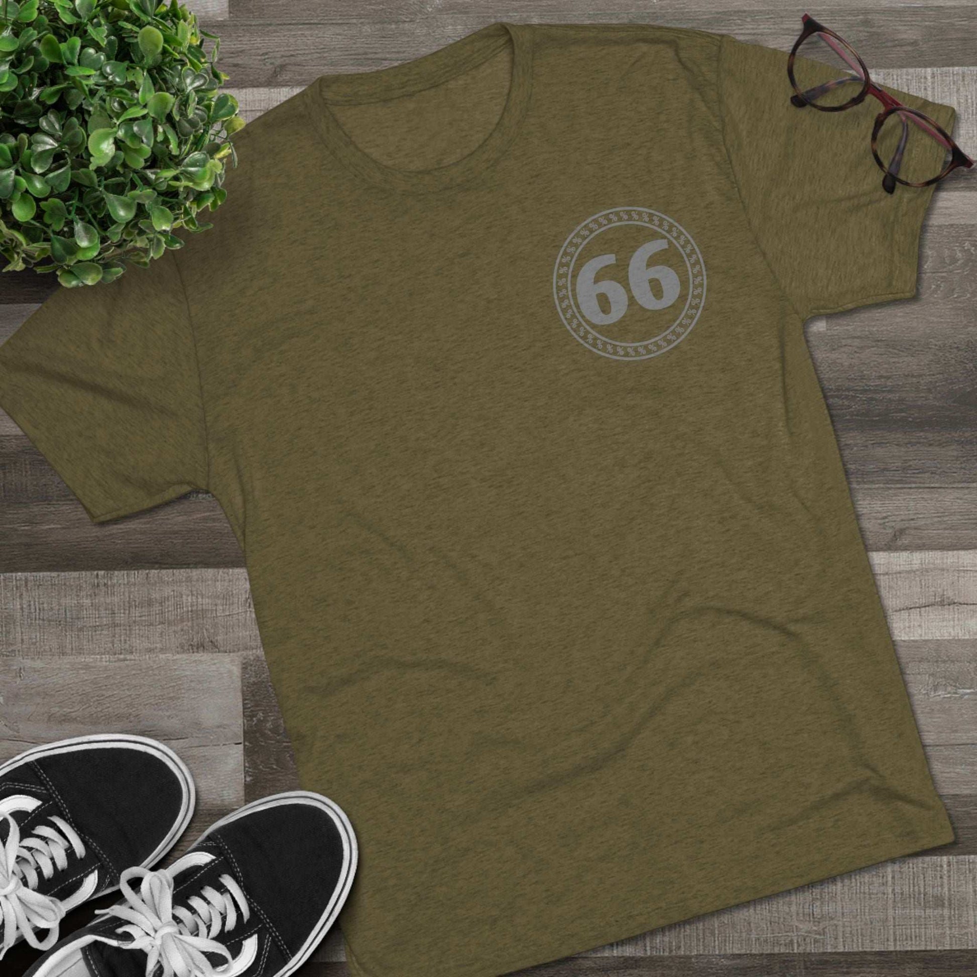 Retro 66% Tri-Blend Tee — flat-lay graphic t-shirt with circular 66 logo, heather blend, casual unisex style