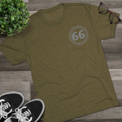 Retro 66% Tri-Blend Tee — flat-lay graphic t-shirt with circular 66 logo, heather blend, casual unisex style