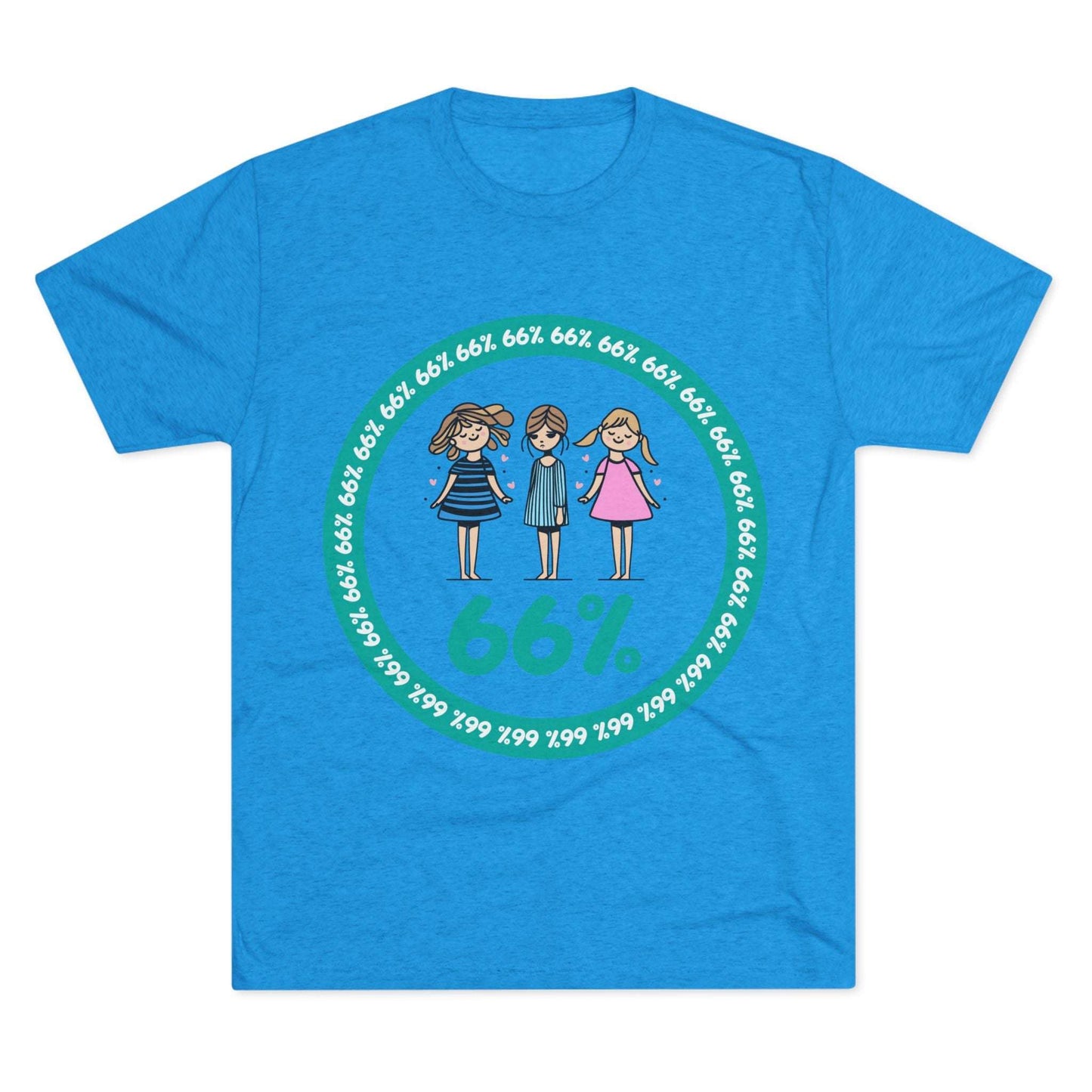 Flat-lay of tri-blend tee with three cartoon girls inside a teal 66% circle and repeating 66% border