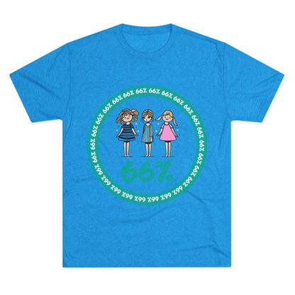 Flat-lay of tri-blend tee with three cartoon girls inside a teal 66% circle and repeating 66% border