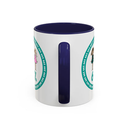 White 66% coffee mug with black handle, featuring three cute daughter illustrations in teal and pink—perfect gift for parents of three kids