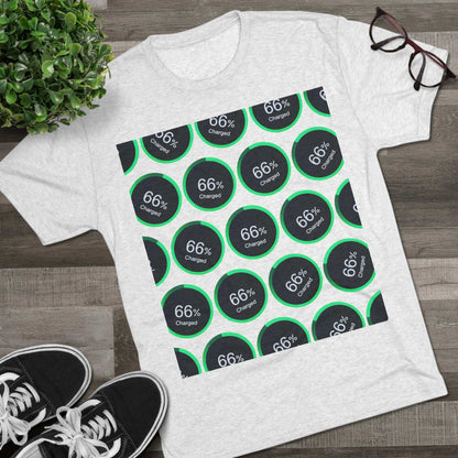 Retro 66% Charged Pattern Tee — tri-blend shirt, flat-lay battery gauge pattern, repeat “66% Charged” graphic, casual unisex style.