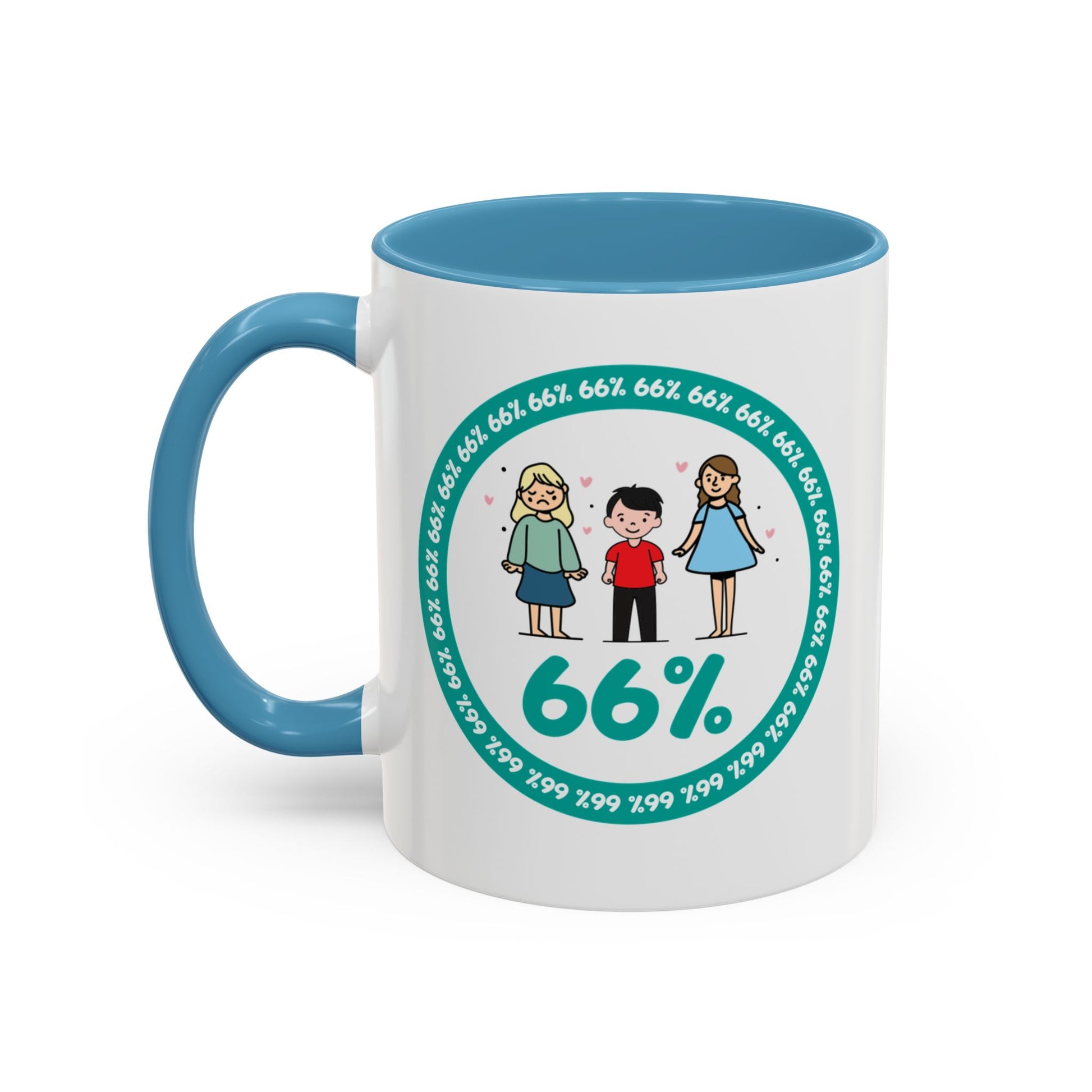 White mug with light blue handle showing a graphic: a teal circle of repeating ‘66%’ text, three cartoon kids inside the circle, and a prominent ‘66%’ at the bottom.