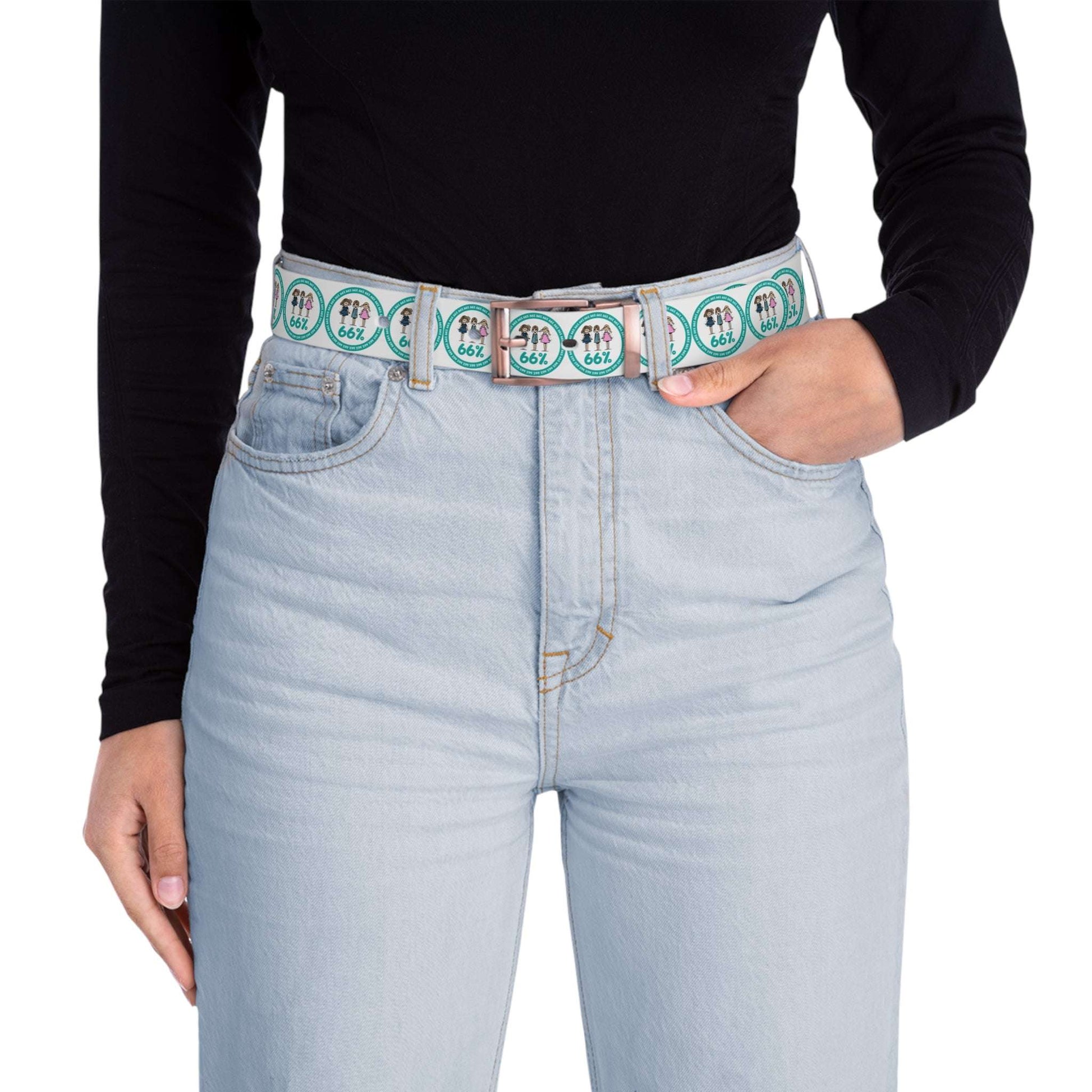 A white adjustable belt featuring a bronze buckle and a pattern of teal circles, each enclosing three stick-figure kids and the number ‘66%’.