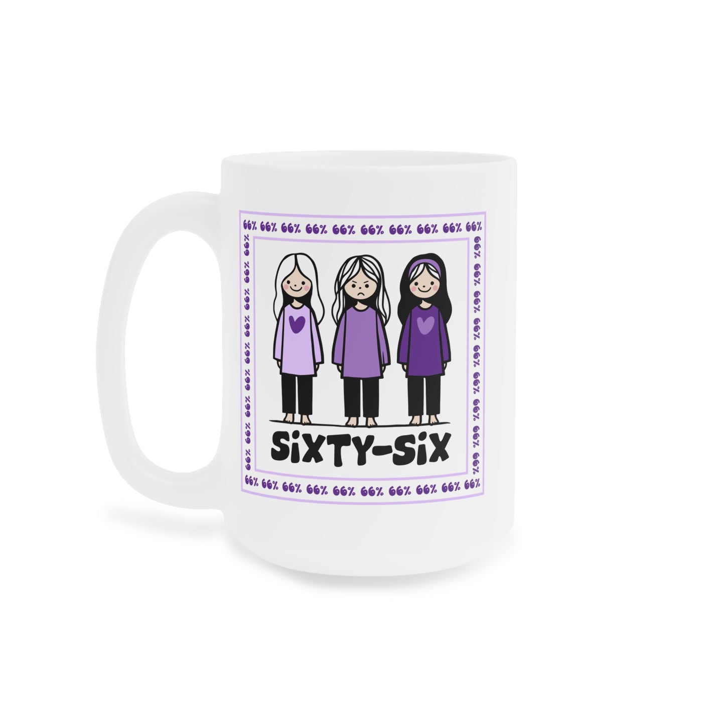 Coffee mug printed with a purple-bordered illustration: three girls in matching purple tops (one looking unhappy), encircled by ‘66%’ text, and the caption ‘SIXTY-SIX’ underneath.