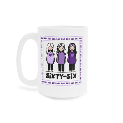 Coffee mug printed with a purple-bordered illustration: three girls in matching purple tops (one looking unhappy), encircled by ‘66%’ text, and the caption ‘SIXTY-SIX’ underneath.