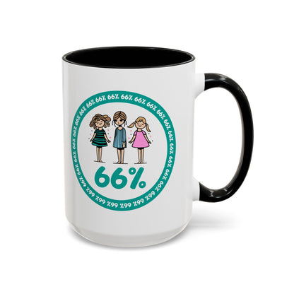 White 66% coffee mug with black handle, featuring three cute daughter illustrations in teal and pink—perfect gift for parents of three kids