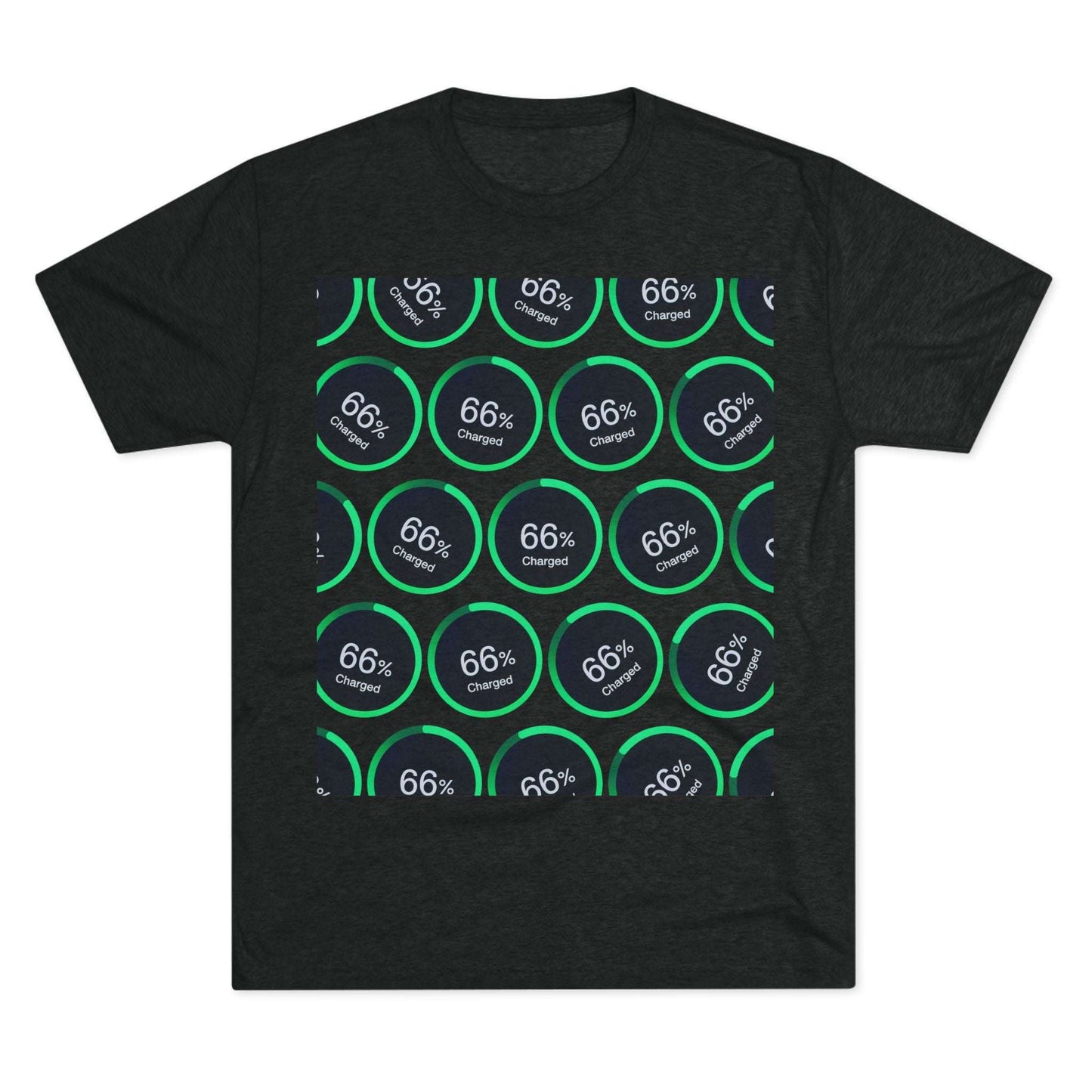 Retro 66% Charged Pattern Tee — tri-blend shirt, flat-lay battery gauge pattern, repeat “66% Charged” graphic, casual unisex style.
