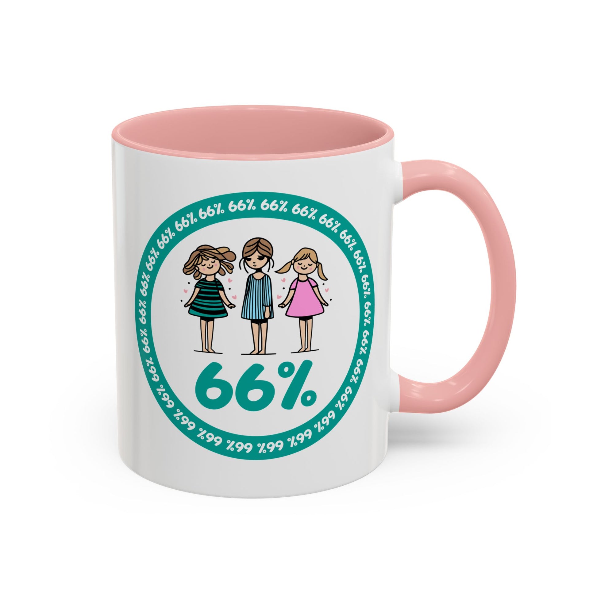 White 66% coffee mug with black handle, featuring three cute daughter illustrations in teal and pink—perfect gift for parents of three kids