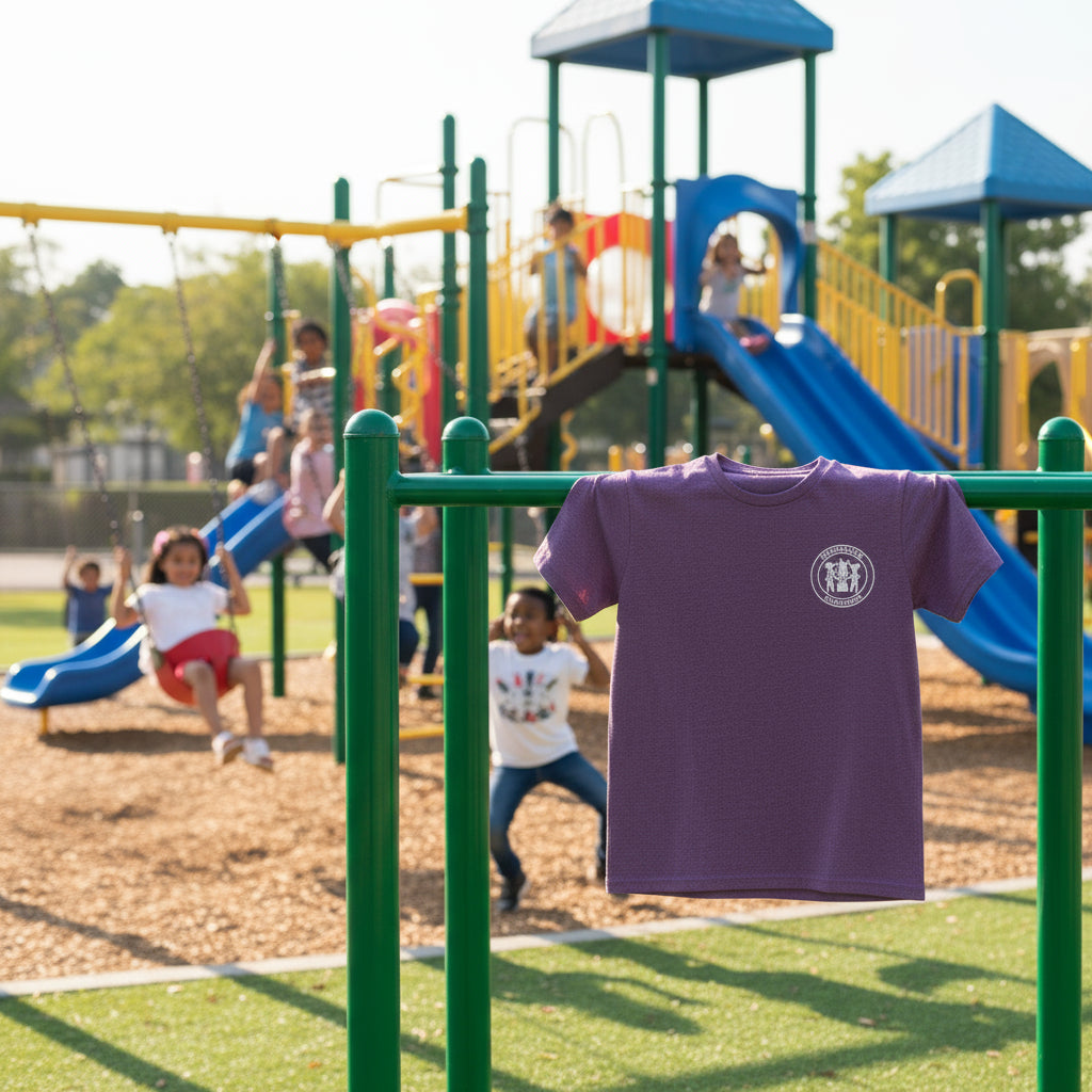 Purple t-shirt with a white logo on a white background