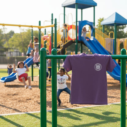Purple t-shirt with a white logo on a white background