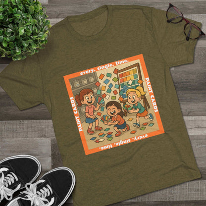 Paint Cards Every Single Time 66% Tri-Blend Tee — graphic t-shirt, flat-lay with cartoon kids and paint swatches, orange bordered square design, casual unisex style