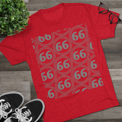 Retro 66% Pattern Tee— tri-blend graphic t-shirt flat-lay, repeating 66 circle pattern, casual vintage style.
